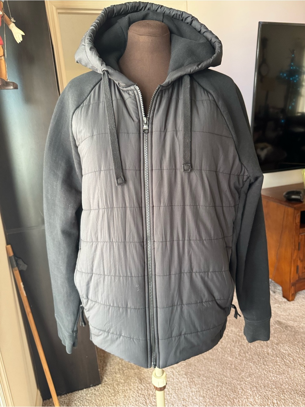 Banana Republic Men's L Quilted Scuba Zip Hoodie Sweatshirt Puffer Jacket Black